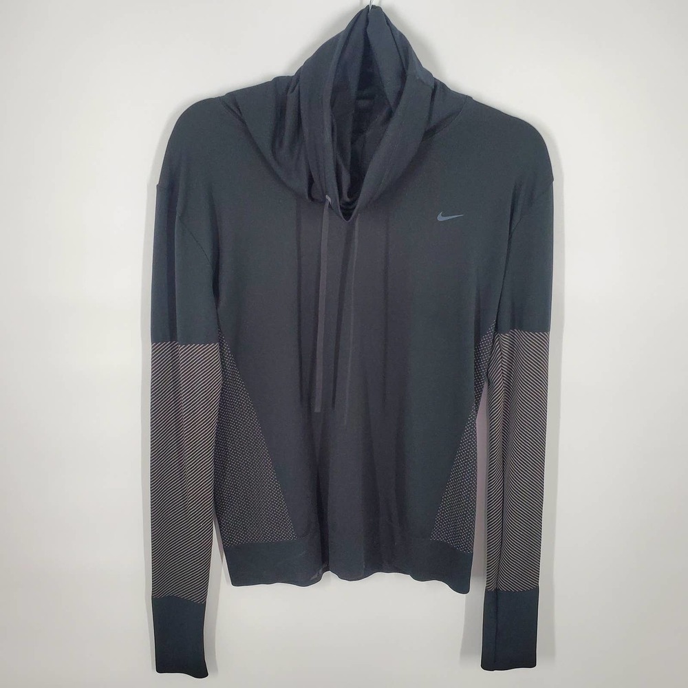 Nike Dri Fit Women SZ M Grey Black Seamless Funnel Cowl Neck Pullover Top